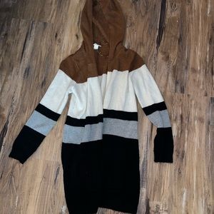 Tan white gray black long sleeve striped sweater